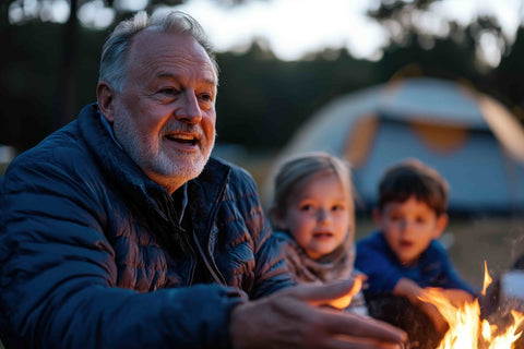 Man and two children sitting around a campfire with a tent in the background