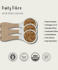3 heaping tablespoons of Natura Fibre with text about what's in the product (plant protein, omegas 3&6, soluble & insoluble fibre, antioxidants, prebiotics, and key nutrients).