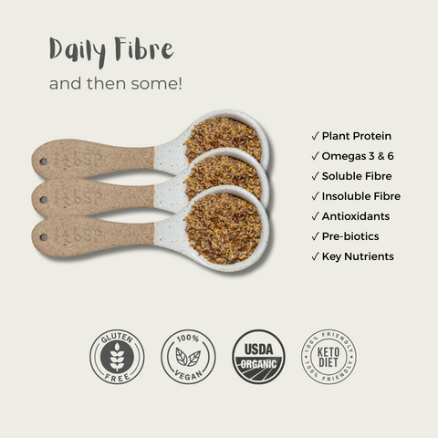 3 heaping tablespoons of Natura Fibre with text about what's in the product (plant protein, omegas 3&6, soluble & insoluble fibre, antioxidants, prebiotics, and key nutrients).