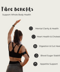 Woman in athletic wear with text on fibre benefits against a light background. Benefits read: Mental Clarity & Health, Heart Health & Cholesterol, Digestion & Gut Health, Blood Sugar Stability, and Appetite Support.